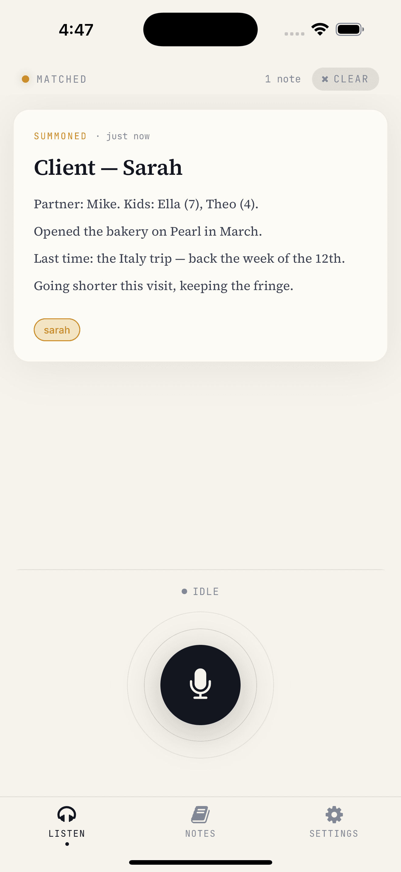 SummonNote app showing note retrieval mid-conversation