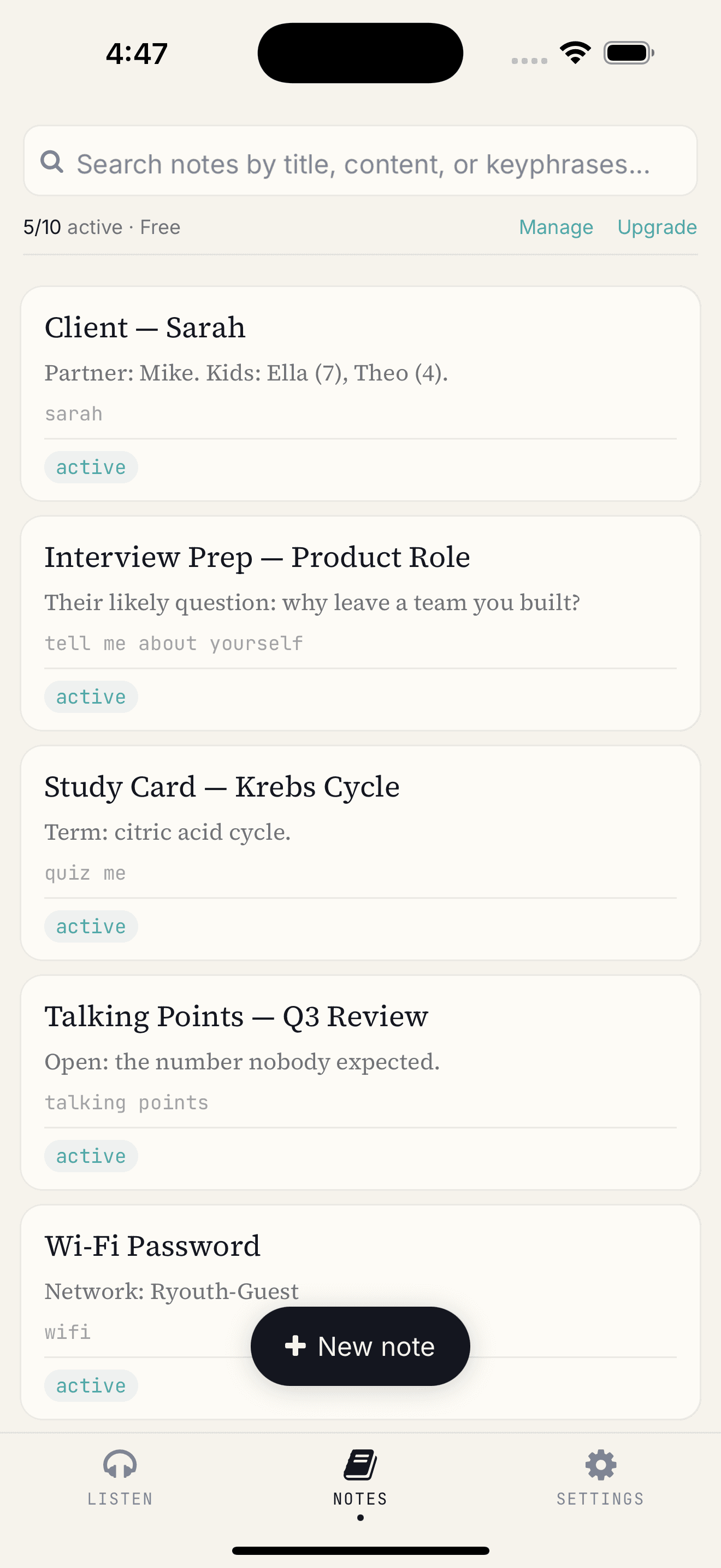 SummonNote notes list with trigger keywords